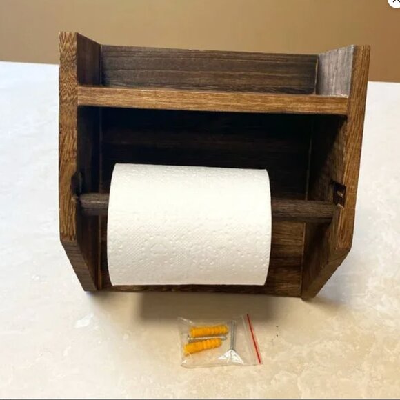 Rustic Wood Wall Mount Toilet Paper Holder with Phone Storage Shelf, NWOT - Picture 1 of 9